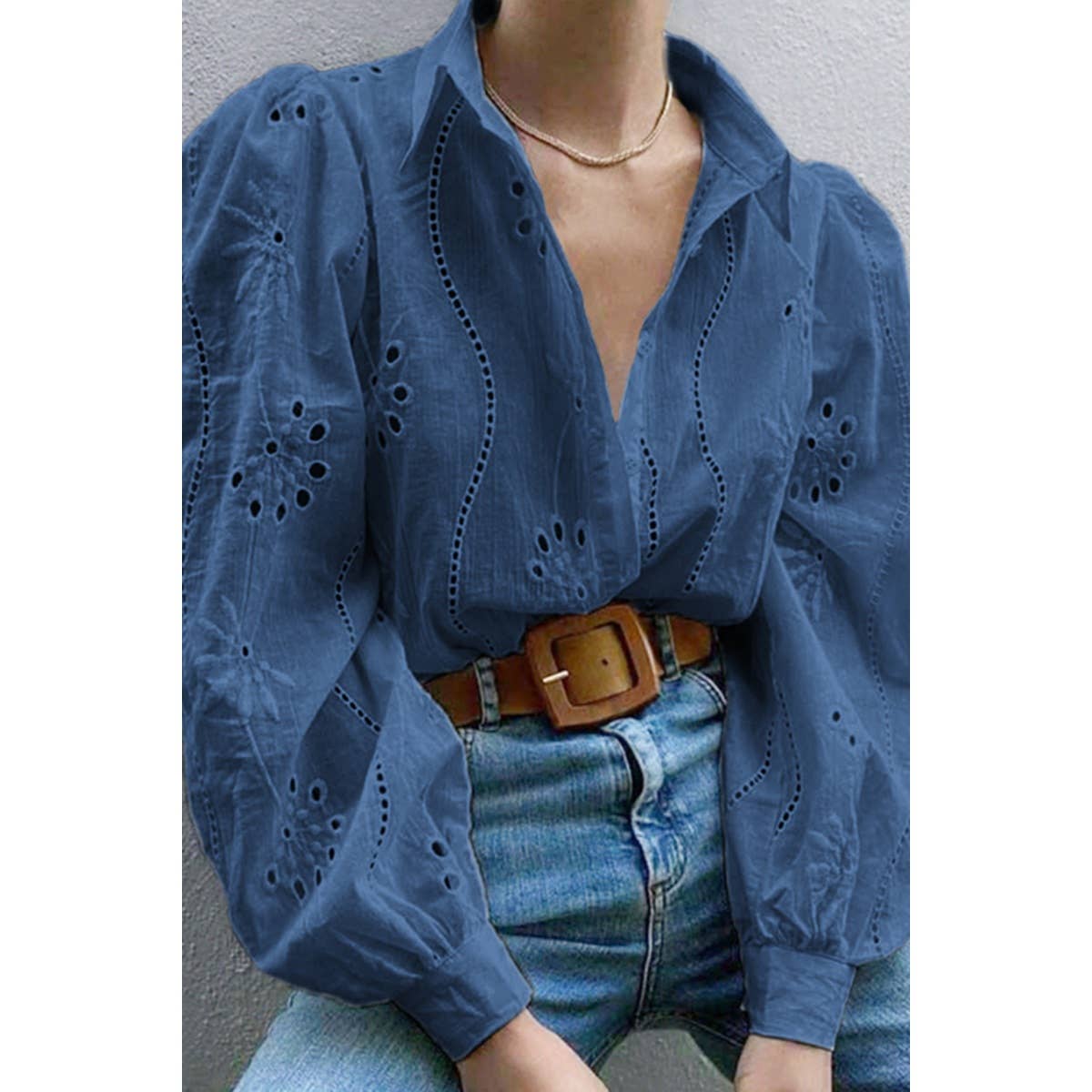 Hollow Out Solid Button Puff Sleeves Blouse - MVTFASHION.COM