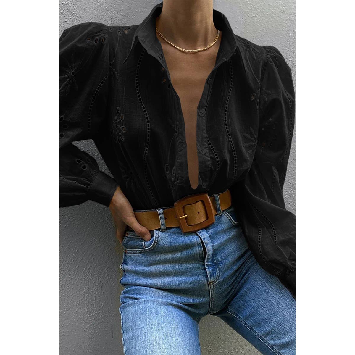 Hollow Out Solid Button Puff Sleeves Blouse - MVTFASHION.COM