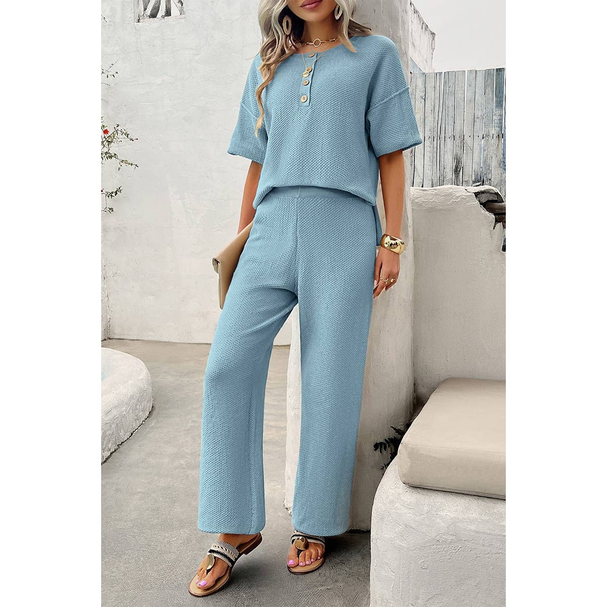 Knit Button Tirm Fit Two Pieces Elastic Waist Sets - MVTFASHION.COM