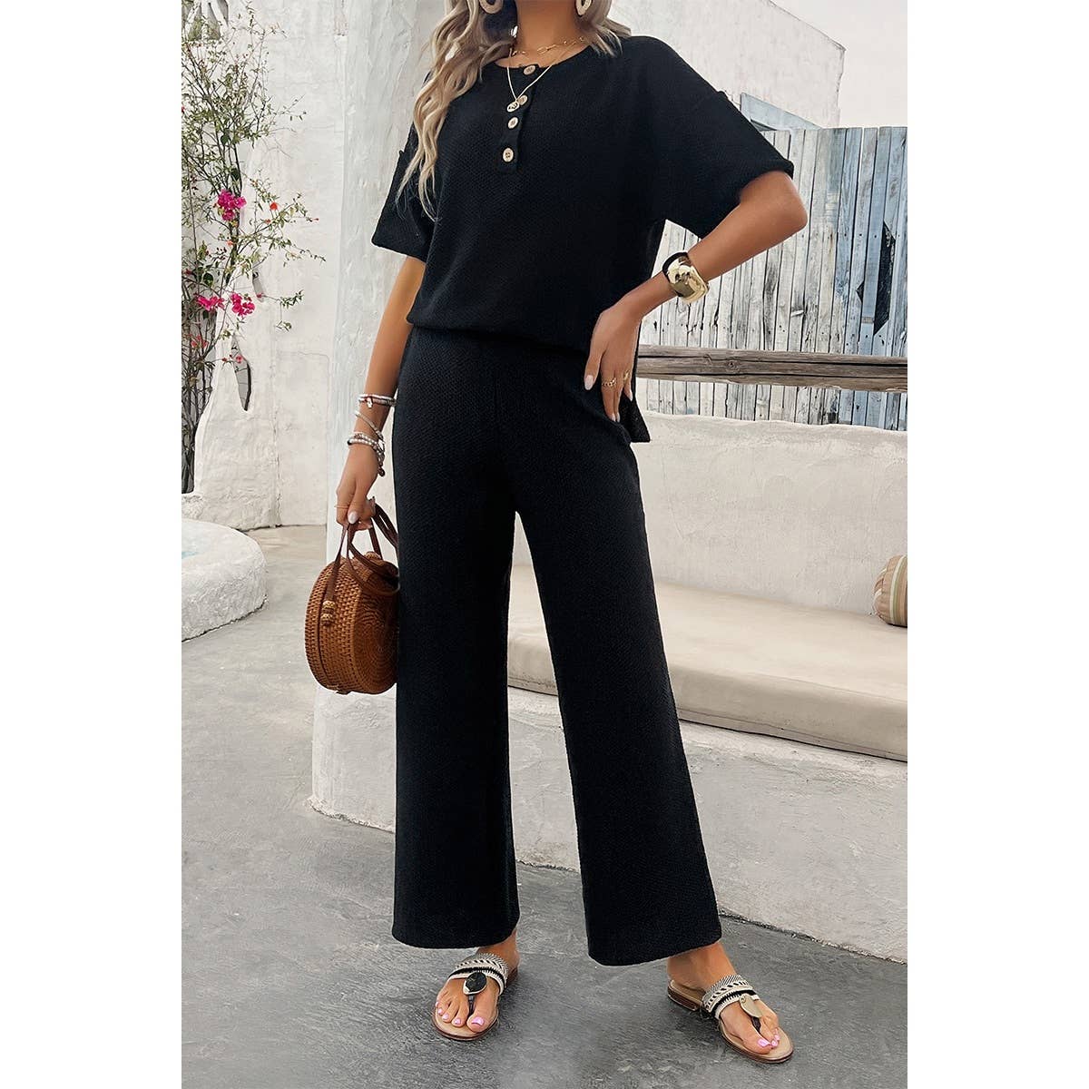 Knit Button Tirm Fit Two Pieces Elastic Waist Sets - MVTFASHION.COM