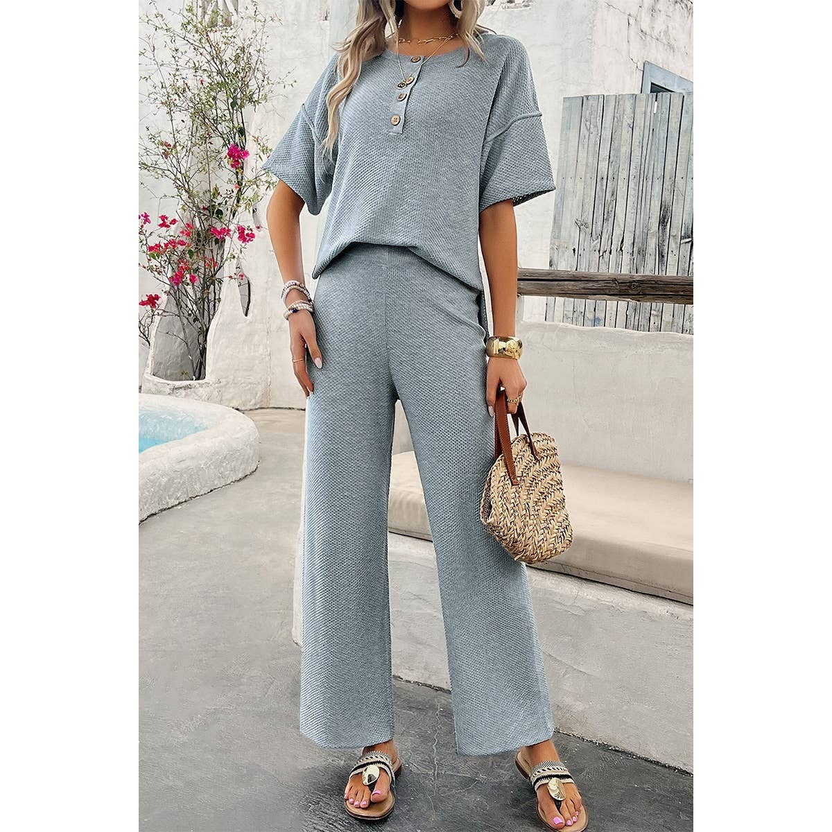 Knit Button Tirm Fit Two Pieces Elastic Waist Sets - MVTFASHION.COM