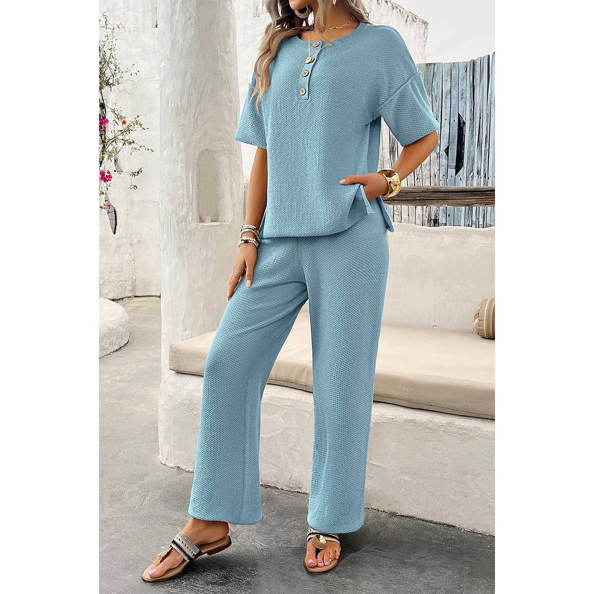 Knit Button Tirm Fit Two Pieces Elastic Waist Sets - MVTFASHION.COM