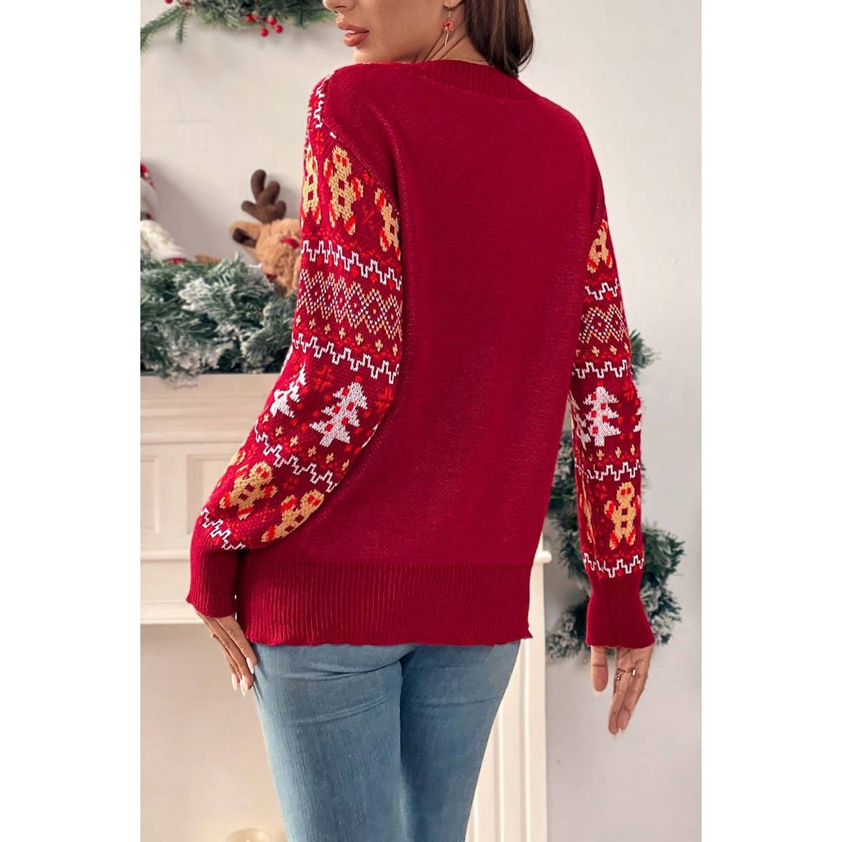 Knit Christmas Print Round Neck Loose Fit Sweater - MVTFASHION.COM