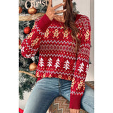 Knit Christmas Print Round Neck Loose Fit Sweater - MVTFASHION.COM