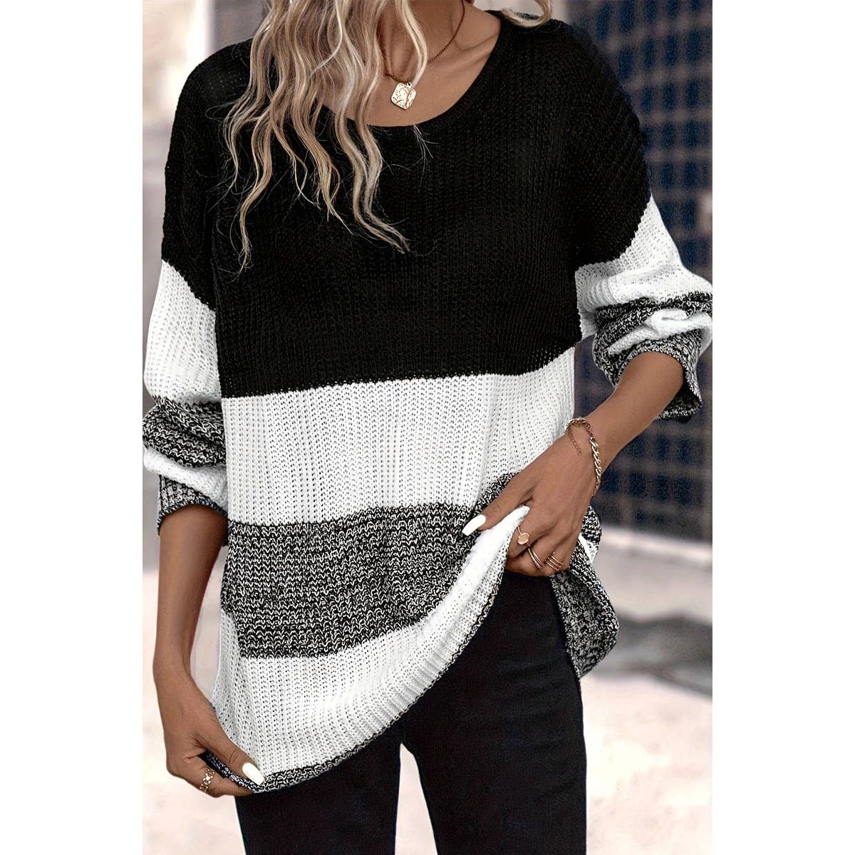 Knit Color Block Loose Fit Long Body Sweater - MVTFASHION.COM