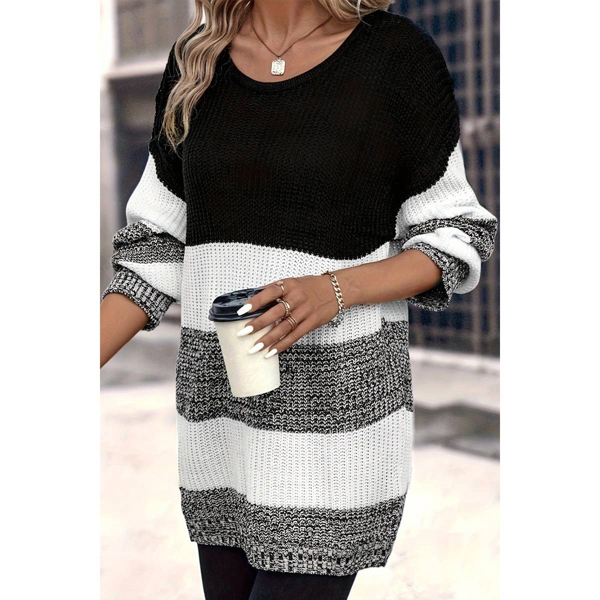 Knit Color Block Loose Fit Long Body Sweater - MVTFASHION.COM