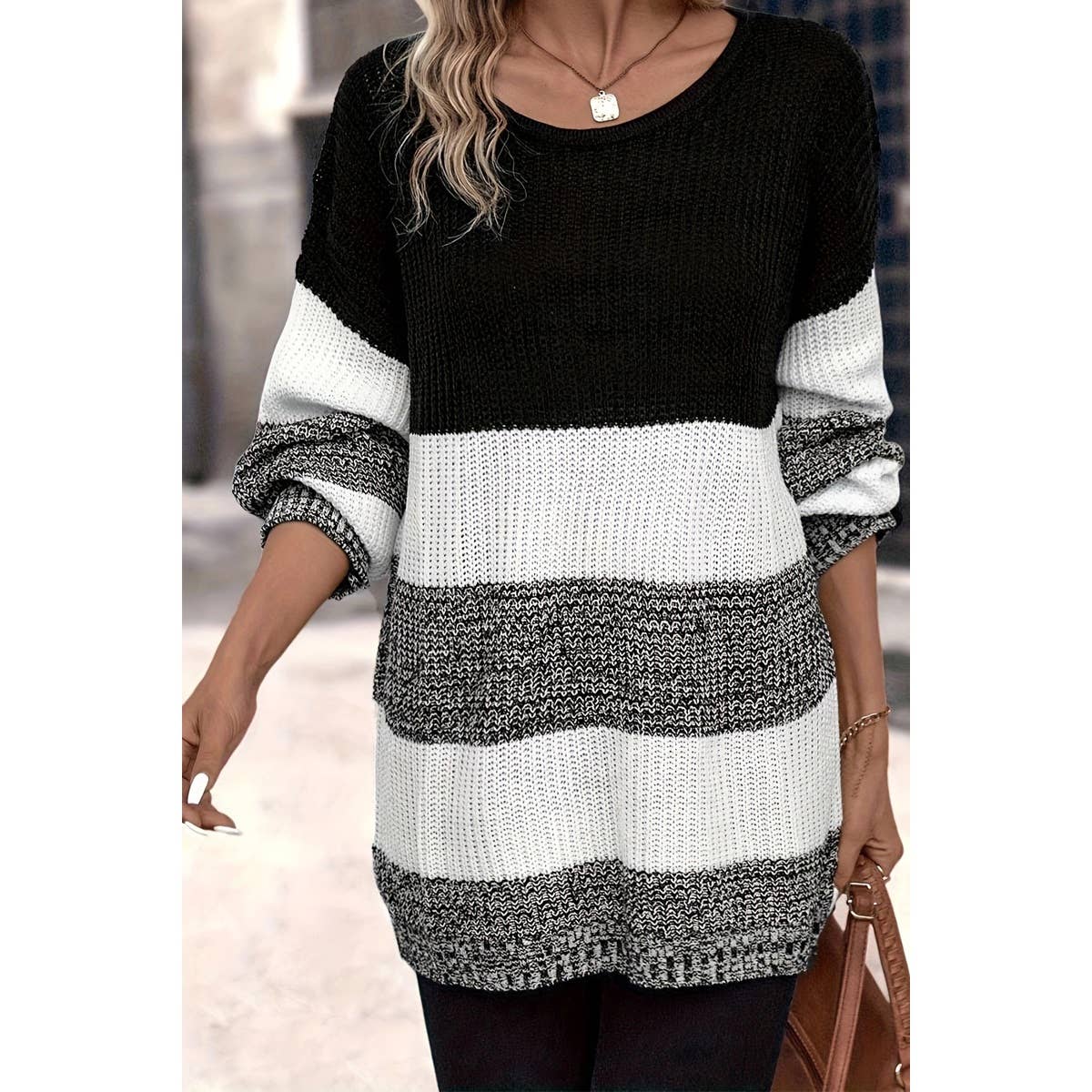 Knit Color Block Loose Fit Long Body Sweater - MVTFASHION.COM