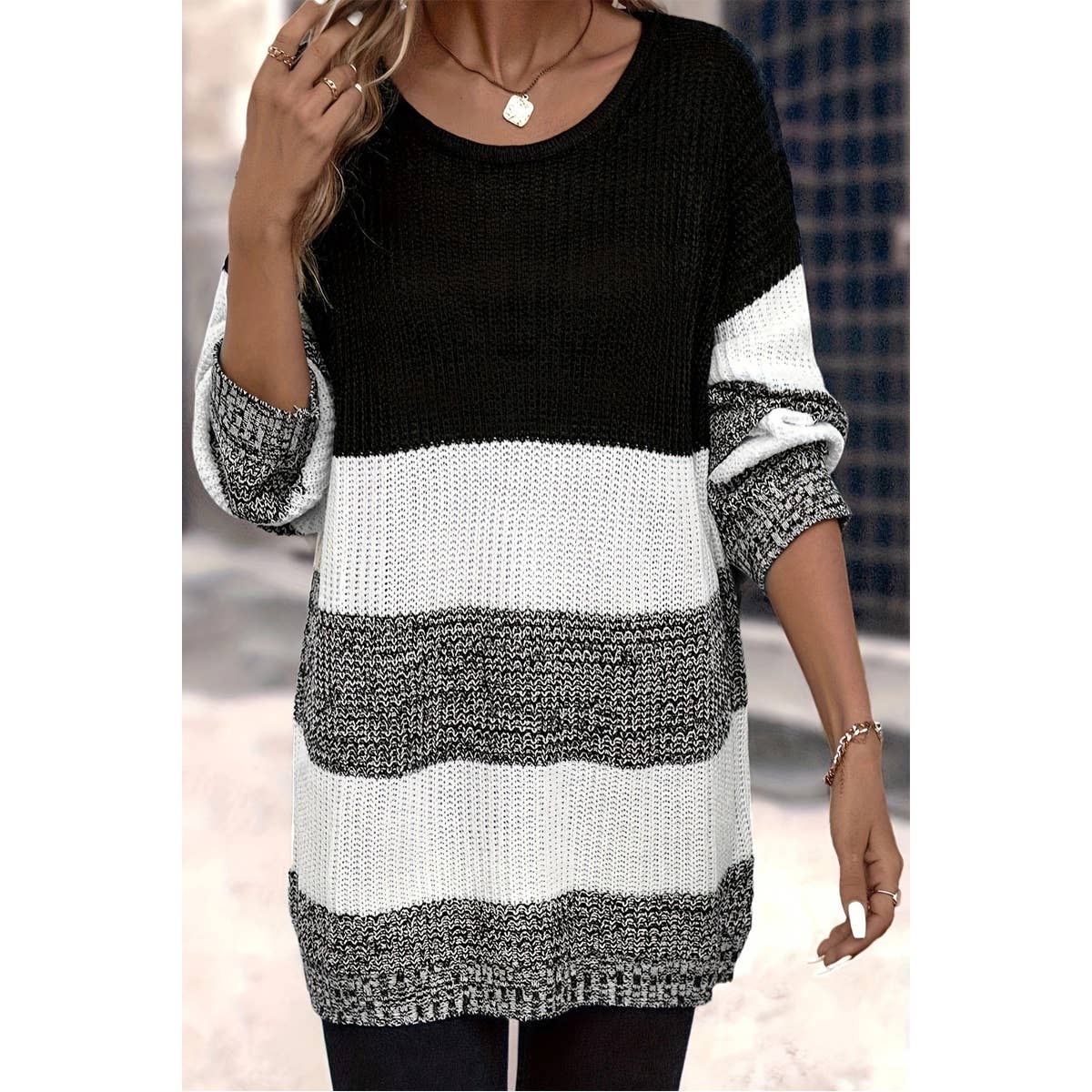 Knit Color Block Loose Fit Long Body Sweater - MVTFASHION.COM