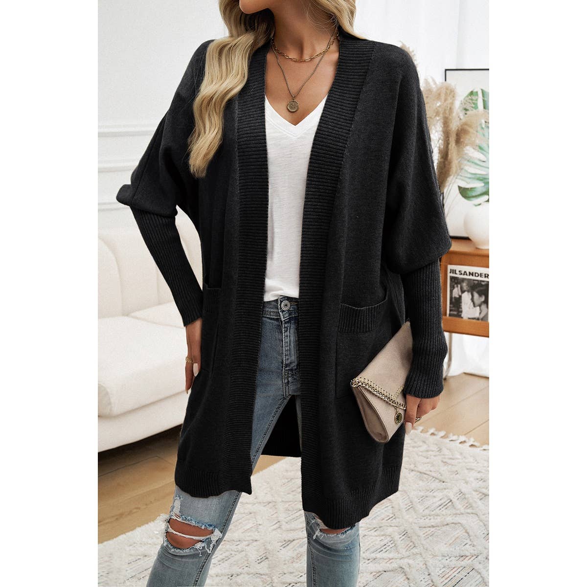 Knit Open Front Bishop Sleeves Pockets Cardigan - MVTFASHION.COM