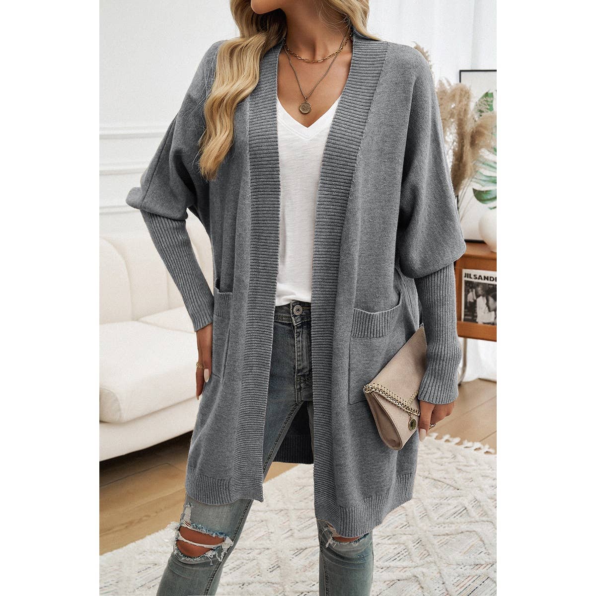 Knit Open Front Bishop Sleeves Pockets Cardigan - MVTFASHION.COM