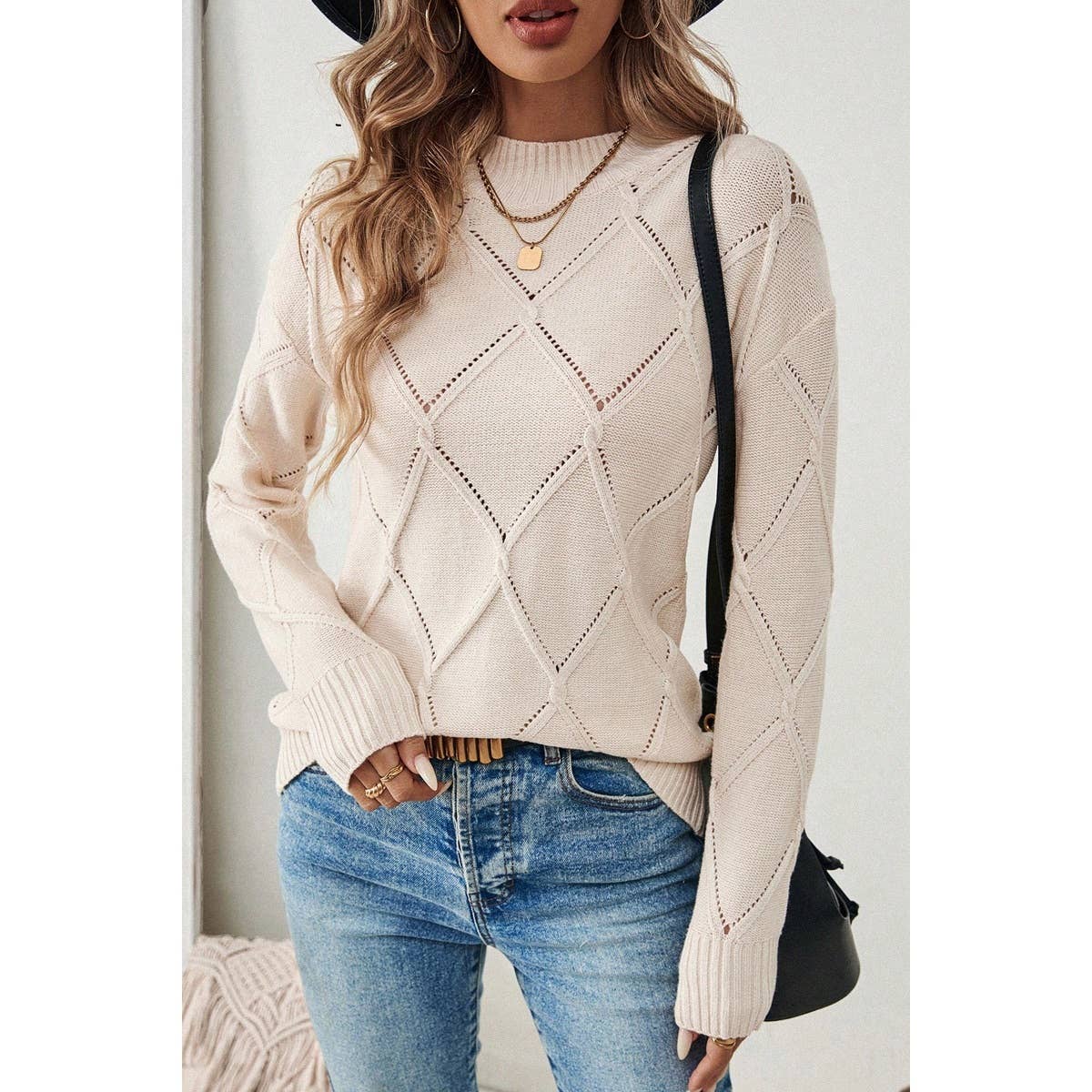 Knit Round Neck Cross Hollow Out Solid Sweater - MVTFASHION.COM