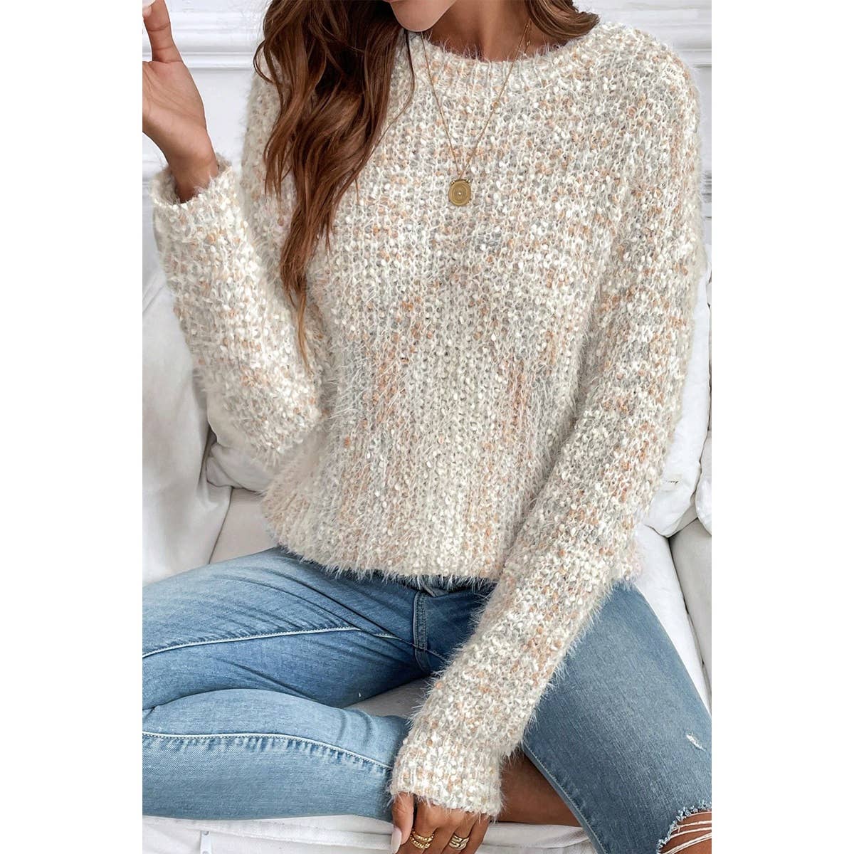 Knit Round Neck Drop Shoulder Back Cutout Sweater - MVTFASHION.COM