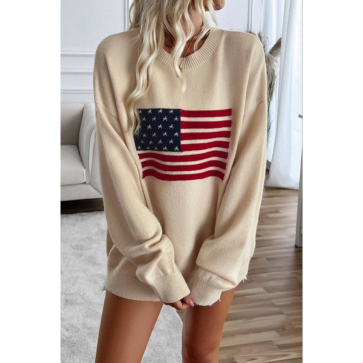 Knit Round Neck Flag Print Loose Fit Sweater - MVTFASHION.COM