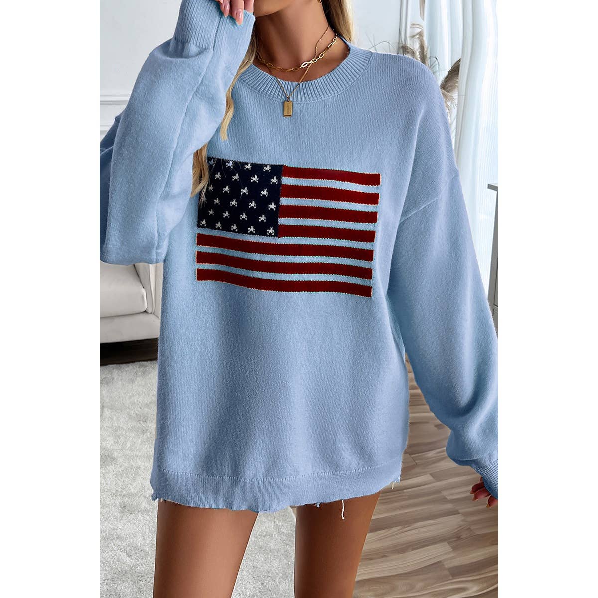 Knit Round Neck Flag Print Loose Fit Sweater - MVTFASHION.COM