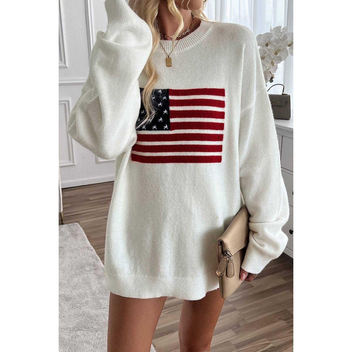 Knit Round Neck Flag Print Loose Fit Sweater - MVTFASHION.COM