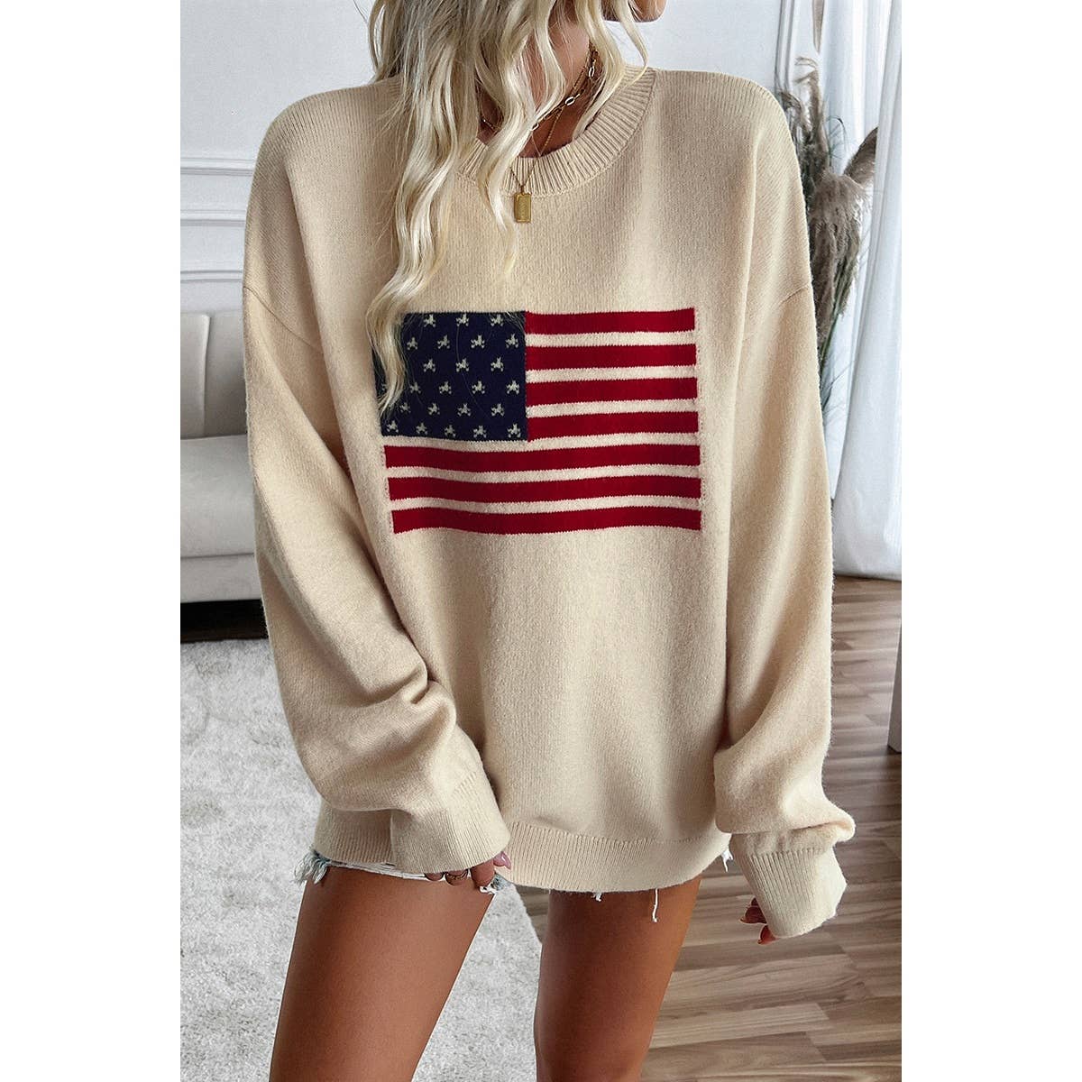 Knit Round Neck Flag Print Loose Fit Sweater - MVTFASHION.COM