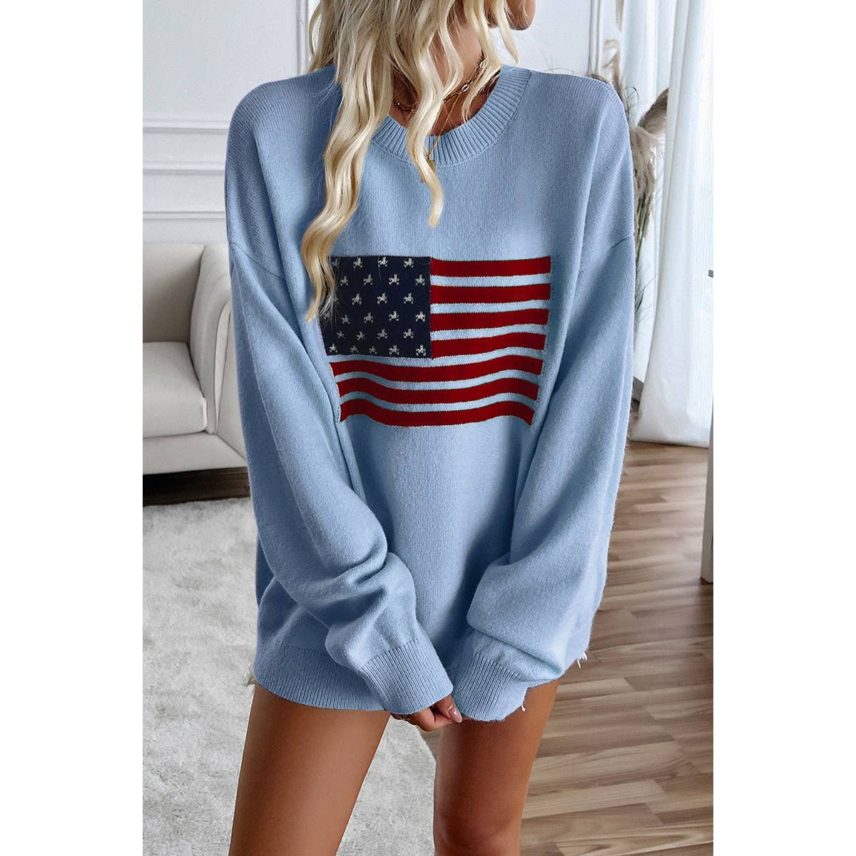 Knit Round Neck Flag Print Loose Fit Sweater - MVTFASHION.COM