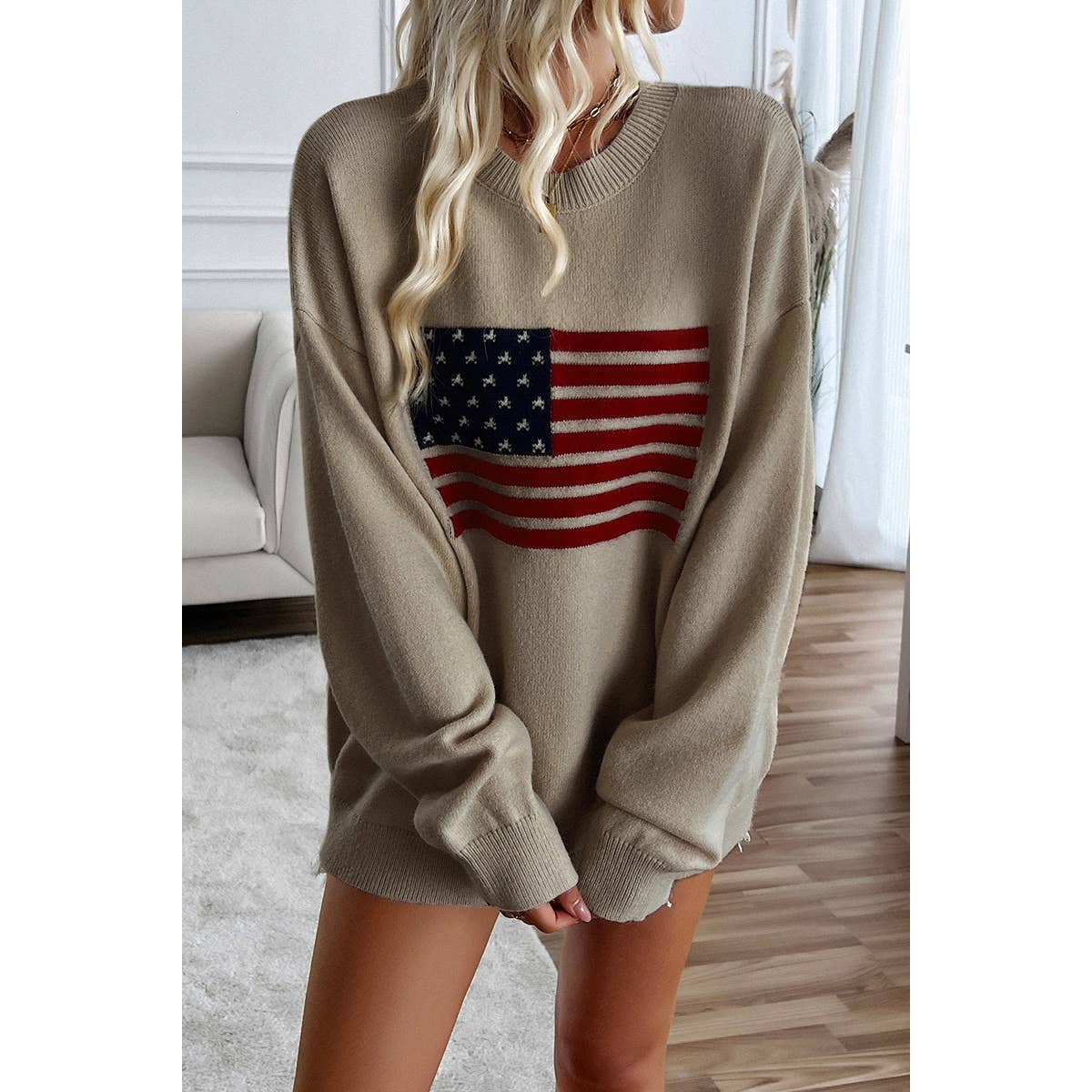 Knit Round Neck Flag Print Loose Fit Sweater - MVTFASHION.COM