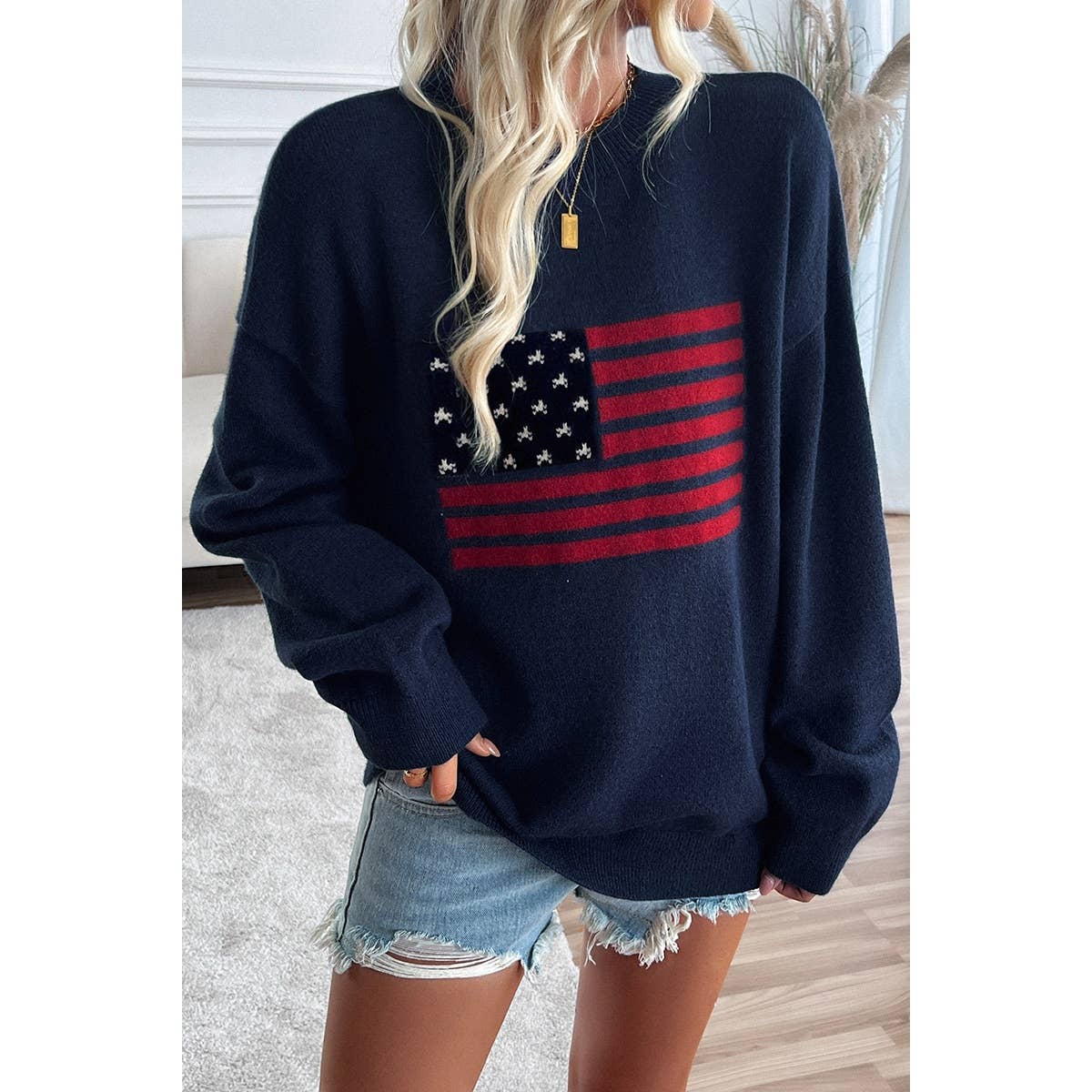 Knit Round Neck Flag Print Loose Fit Sweater - MVTFASHION.COM