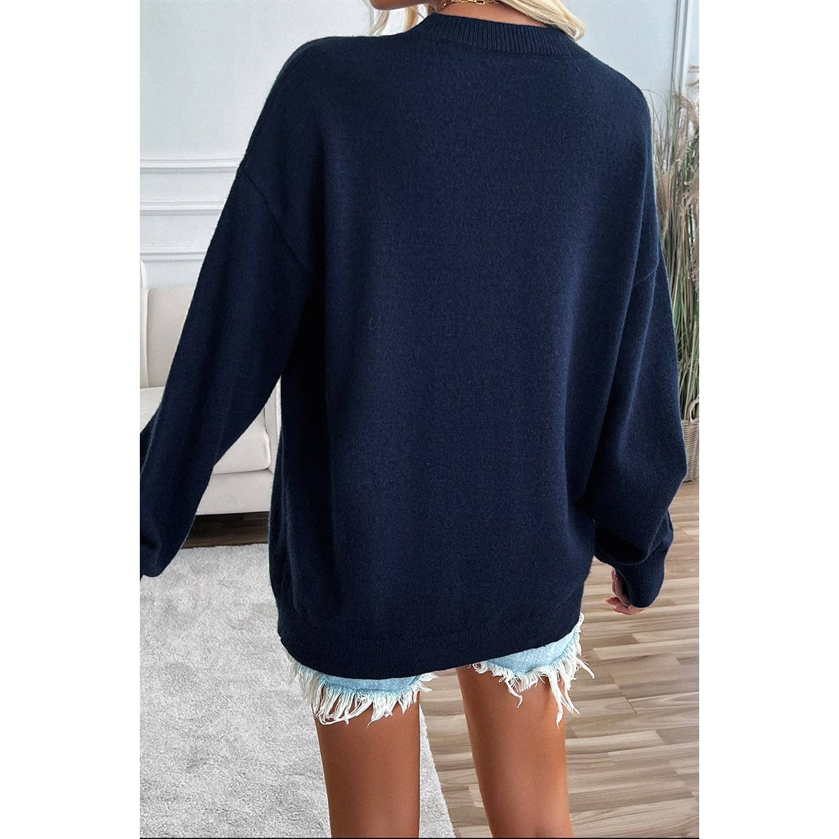 Knit Round Neck Flag Print Loose Fit Sweater - MVTFASHION.COM