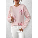 Knit Sequin Bow Round Neck Loose Fit Sweater - MVTFASHION.COM