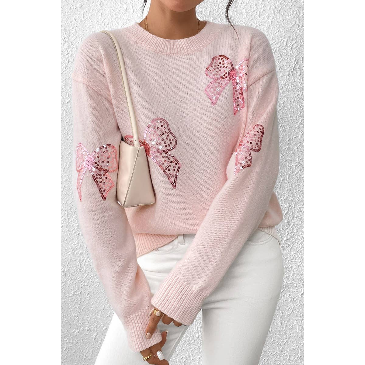 Knit Sequin Bow Round Neck Loose Fit Sweater - MVTFASHION.COM