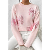 Knit Sequin Bow Round Neck Loose Fit Sweater - MVTFASHION.COM