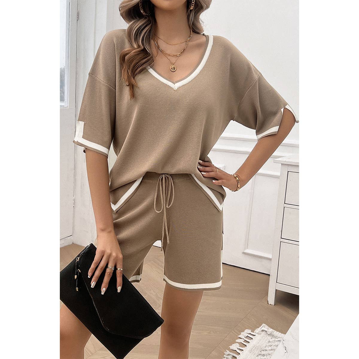 Knit Solid Deep V Neck Loose Drawstring Loose Set - MVTFASHION.COM