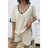 Knit Solid Deep V Neck Loose Drawstring Loose Set - MVTFASHION.COM