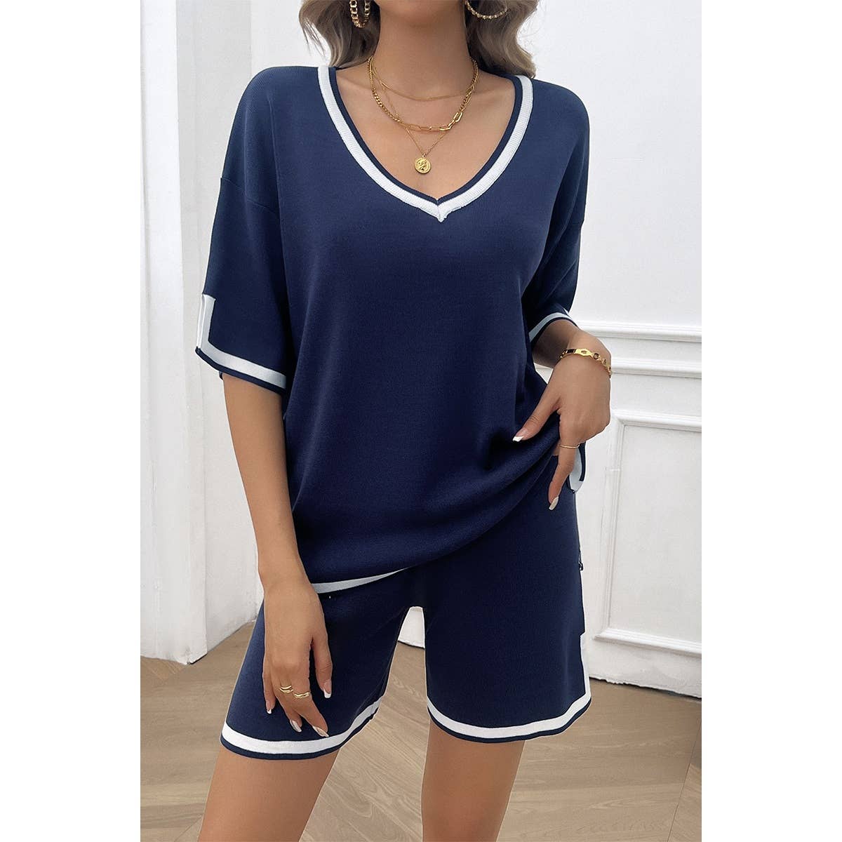 Knit Solid Deep V Neck Loose Drawstring Loose Set - MVTFASHION.COM