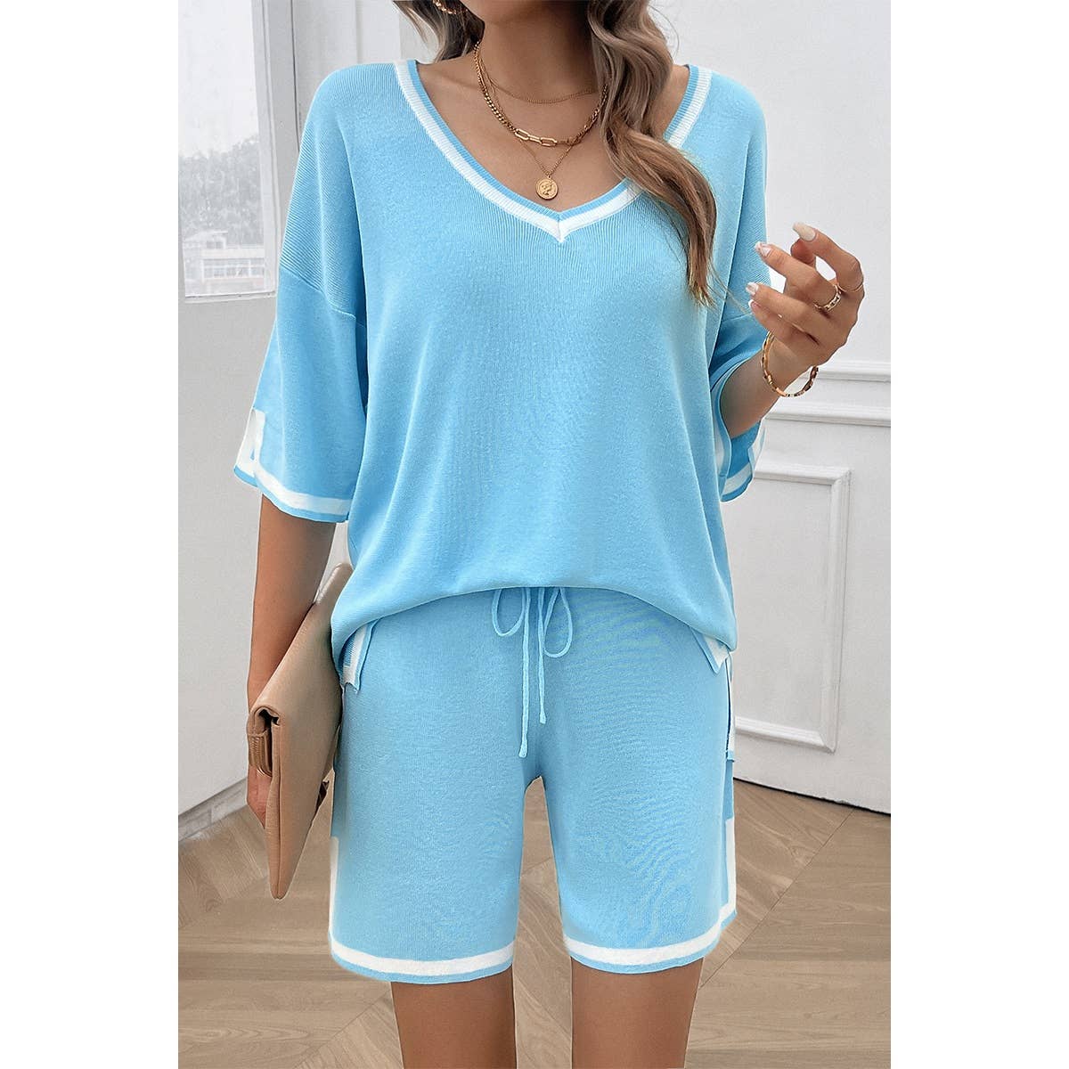 Knit Solid Deep V Neck Loose Drawstring Loose Set - MVTFASHION.COM