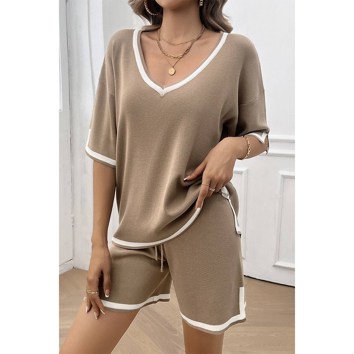 Knit Solid Deep V Neck Loose Drawstring Loose Set - MVTFASHION.COM