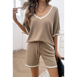 Knit Solid Deep V Neck Loose Drawstring Loose Set - MVTFASHION.COM