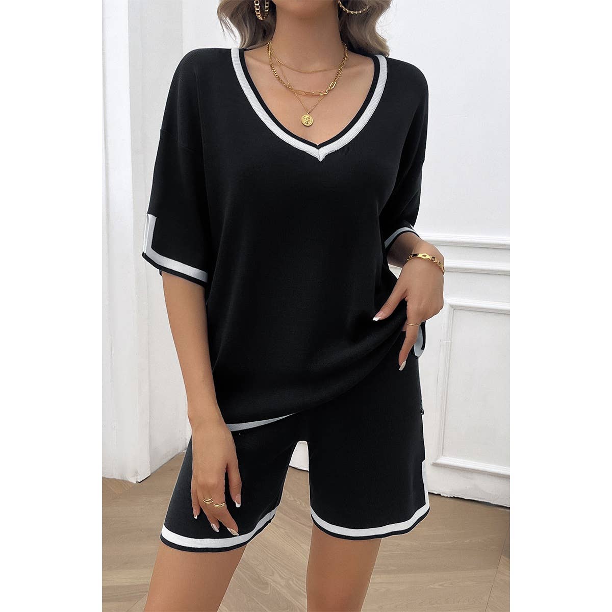 Knit Solid Deep V Neck Loose Drawstring Loose Set - MVTFASHION.COM