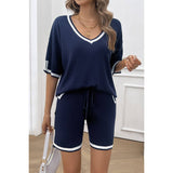 Knit Solid Deep V Neck Loose Drawstring Loose Set - MVTFASHION.COM