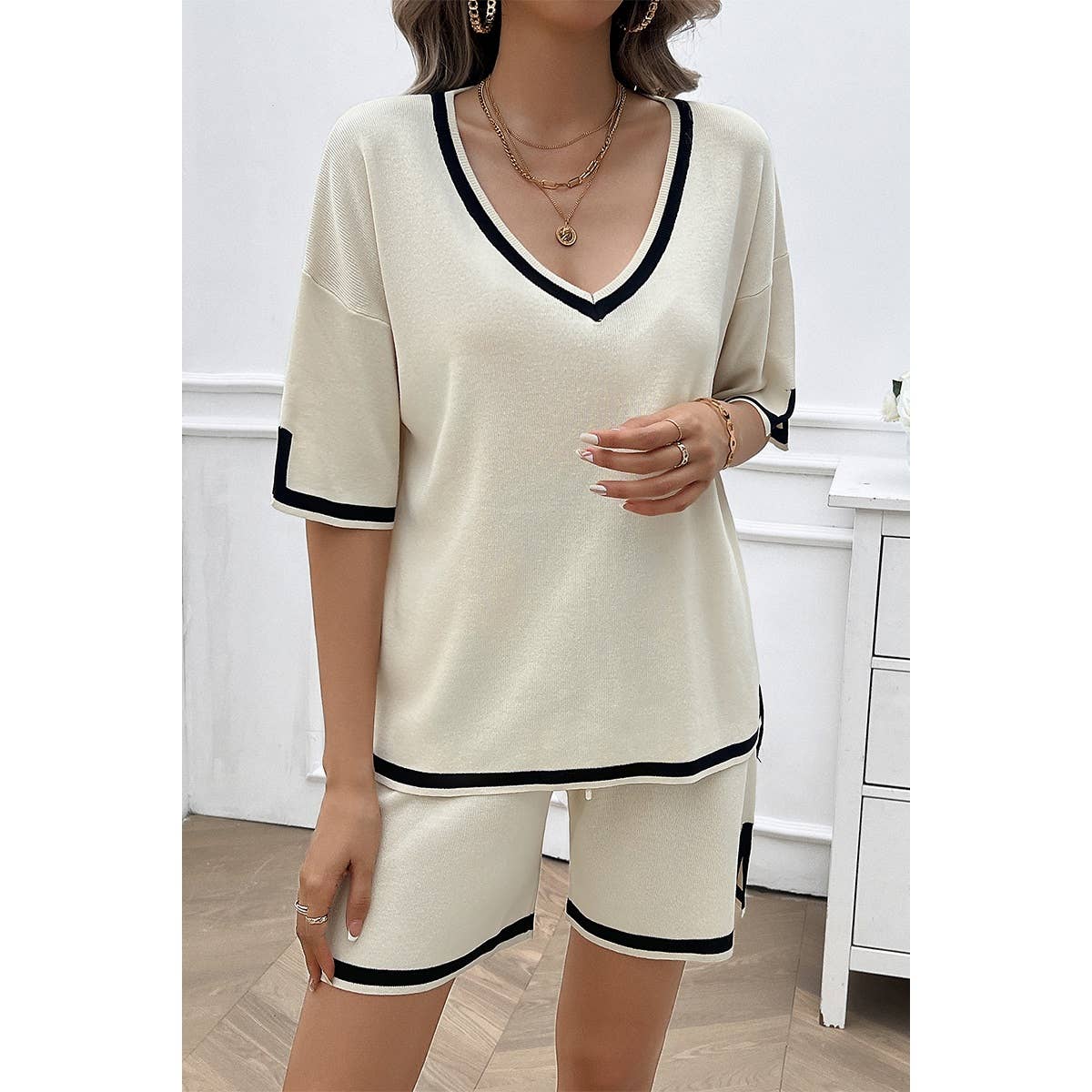 Knit Solid Deep V Neck Loose Drawstring Loose Set - MVTFASHION.COM