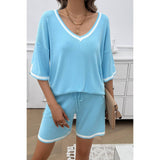 Knit Solid Deep V Neck Loose Drawstring Loose Set - MVTFASHION.COM