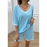 Knit Solid Deep V Neck Loose Drawstring Loose Set - MVTFASHION.COM