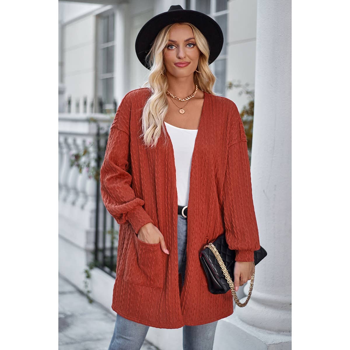 Knit Solid Pockets Loose Drop Shoulder Cardigan - MVTFASHION.COM