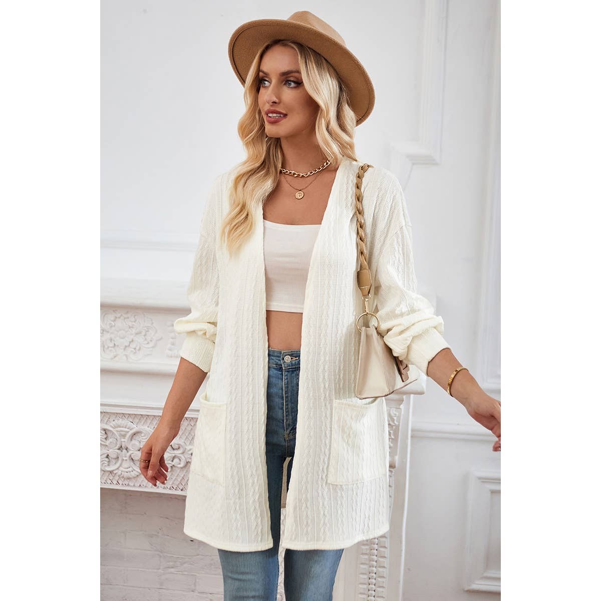 Knit Solid Pockets Loose Drop Shoulder Cardigan - MVTFASHION.COM