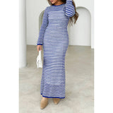 Knit Strip Long Sleeves Back Knot Fit Full Dress - MVTFASHION.COM