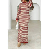 Knit Strip Long Sleeves Back Knot Fit Full Dress - MVTFASHION.COM