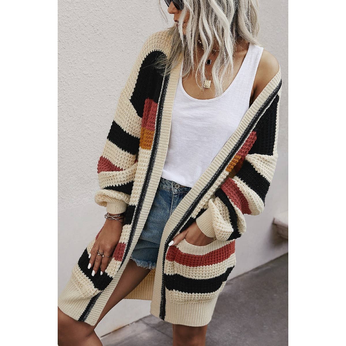 Knit Strip Long Sleeves Cardigan - MVTFASHION.COM