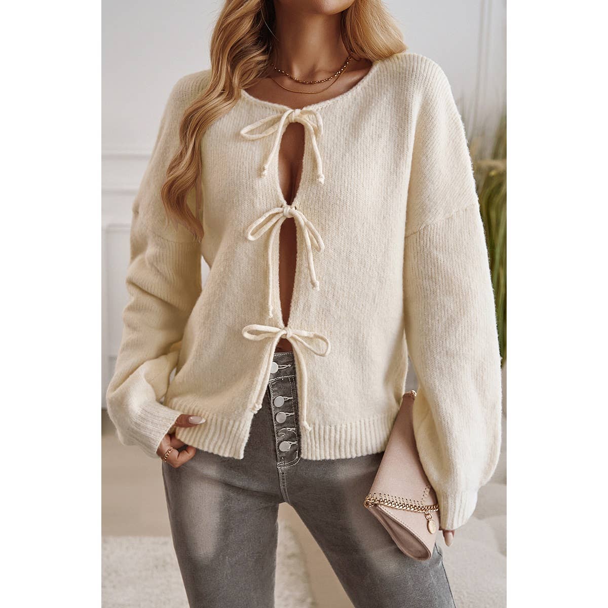 Knit Tied Round Neck Dropped Shoulder Cardigan - MVTFASHION.COM