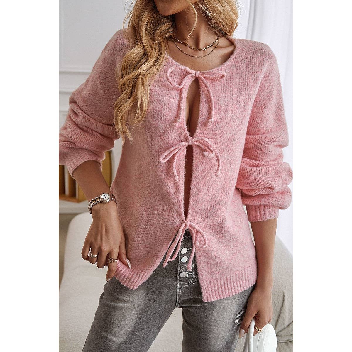 Knit Tied Round Neck Dropped Shoulder Cardigan - MVTFASHION.COM