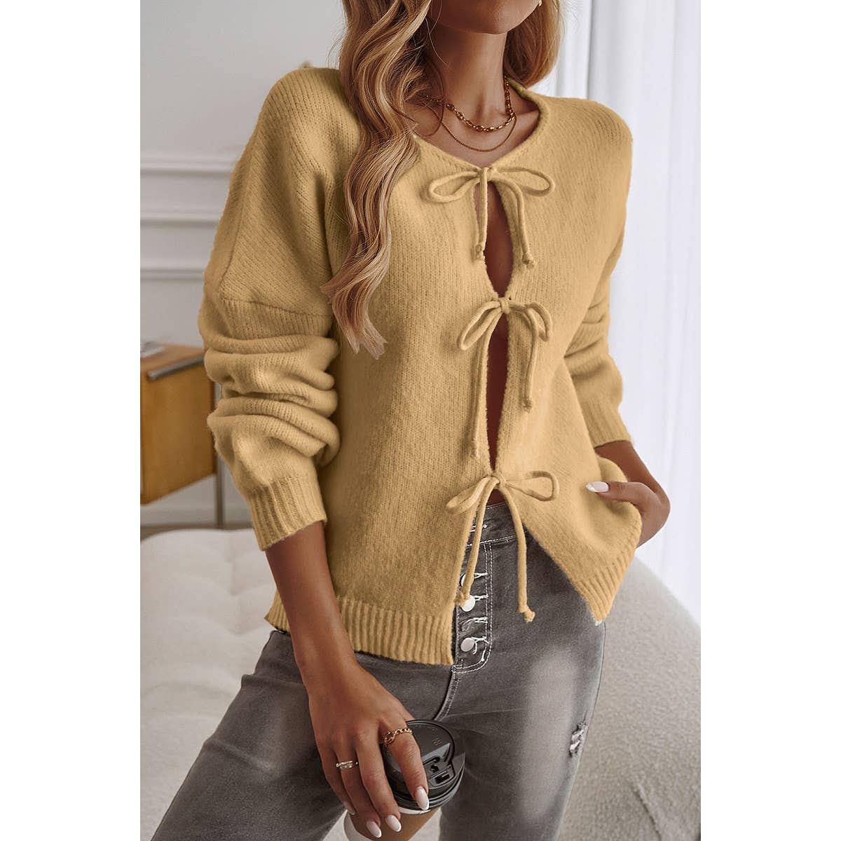 Knit Tied Round Neck Dropped Shoulder Cardigan - MVTFASHION.COM