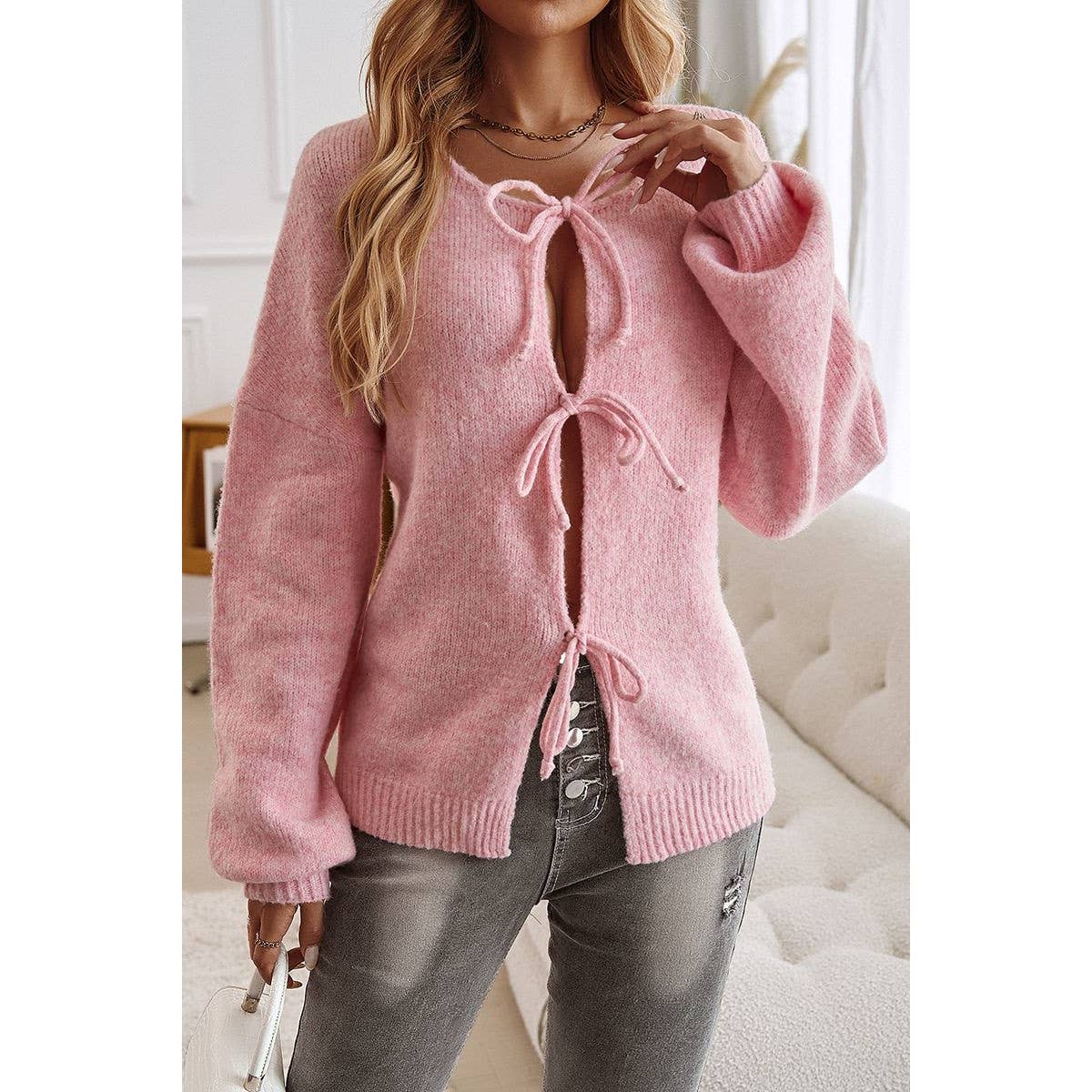 Knit Tied Round Neck Dropped Shoulder Cardigan - MVTFASHION.COM