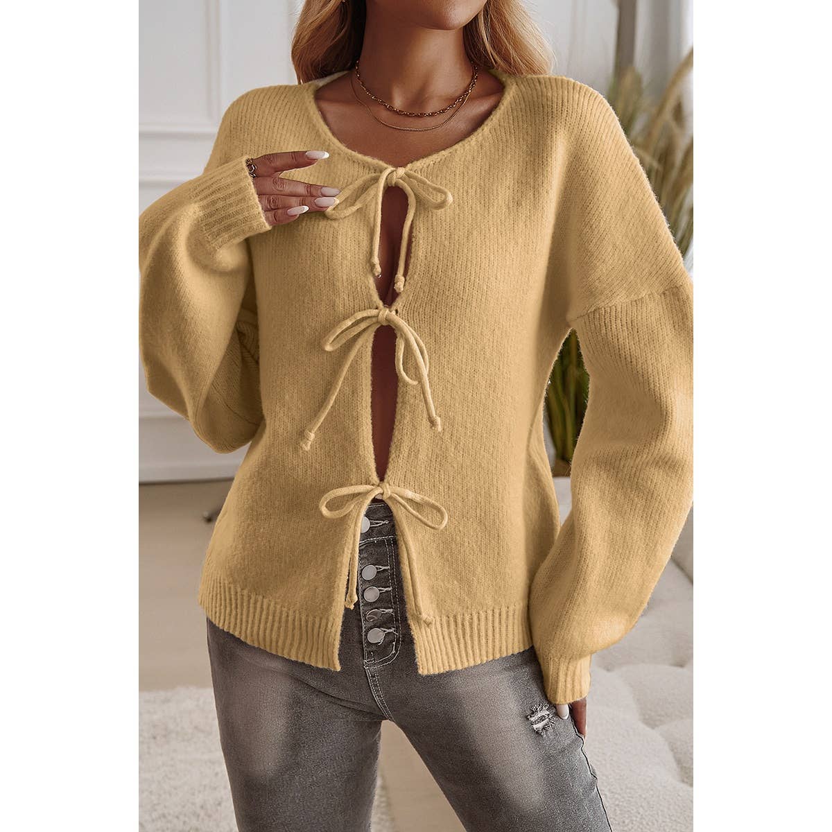 Knit Tied Round Neck Dropped Shoulder Cardigan - MVTFASHION.COM