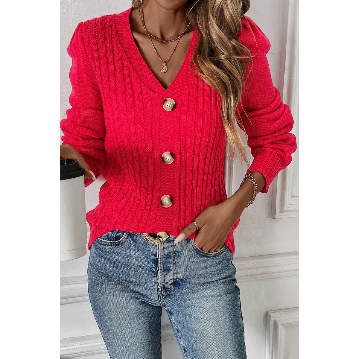 Knit V Neck Solid Button Trim Fit Sweater - MVTFASHION.COM