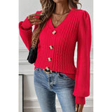 Knit V Neck Solid Button Trim Fit Sweater - MVTFASHION.COM